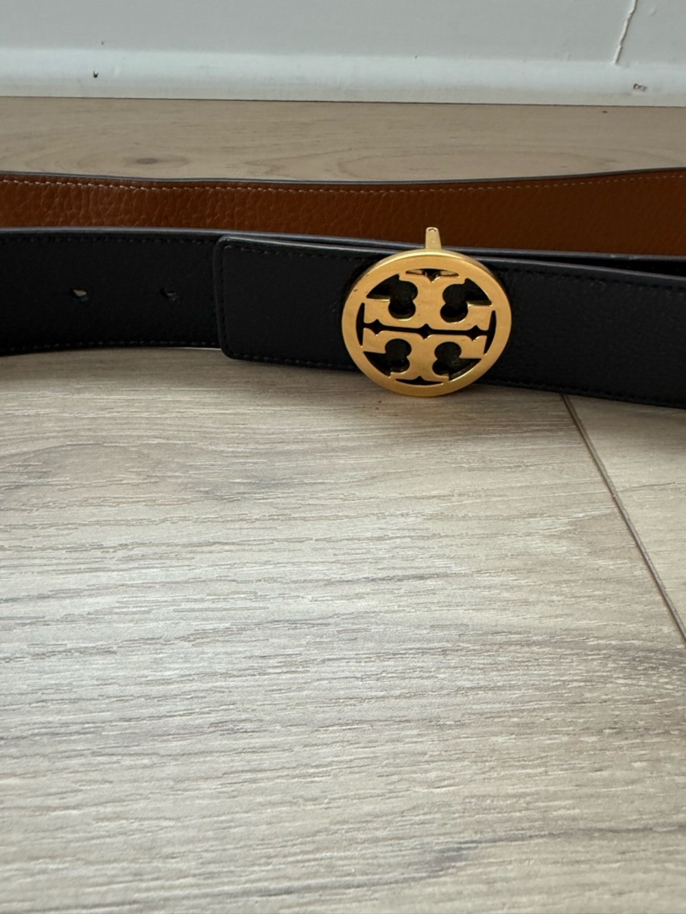 Tory Burch Black and Brown Leather Belt with Gold Logo Buckle size Large